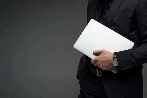 Partial View Businessman Holding Laptop Hand Isolated Grey — Stock Photo, Image