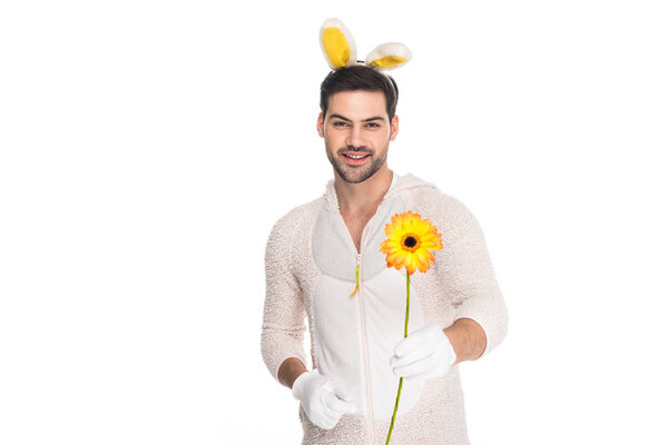 Young Man Rabbit Costume Holding Flower Isolated White Easter Concept Stock Picture