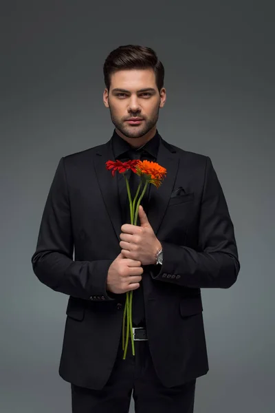 Portrait Young Man Bouquet Flowers Isolated Grey International Womens Day — Stock Photo, Image