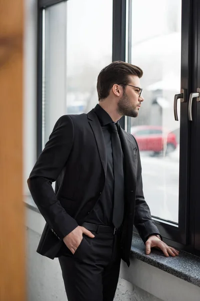 Side View Young Businessman Looking Window — Stock Photo, Image