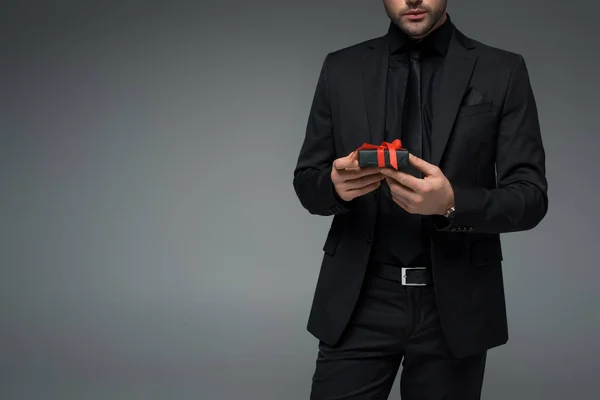 Cropped View Young Male Holding Gift Box Isolated Grey International — Stock Photo, Image