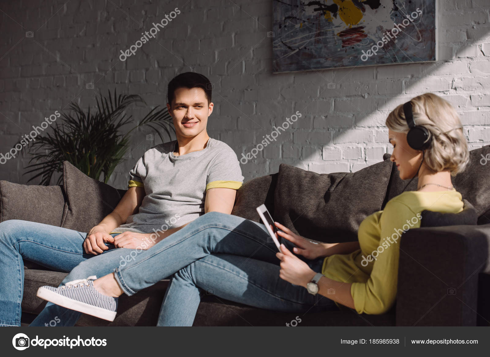 Happy Boyfriend Looking Girlfriend Tablet Home — Stock Photo
