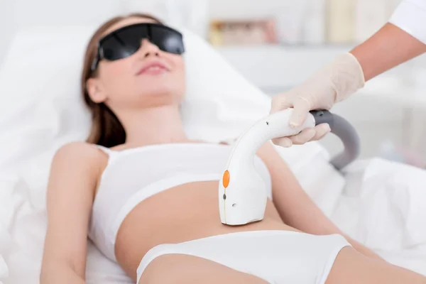 Woman Underwear Receiving Laser Hair Removal Procedure Stomach Salon — Stock Photo, Image