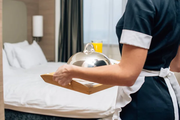 Cropped Shot Maid Uniform Holding Breakfast Covered Cloche Tray — Stock Photo, Image