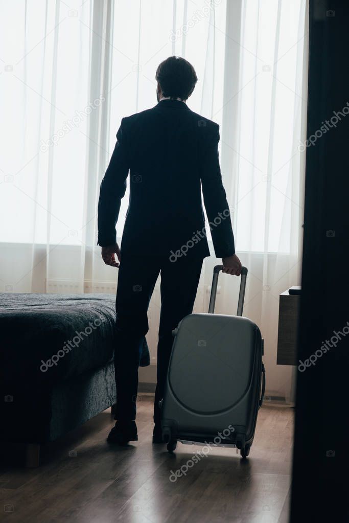 rear view of businessman entering hotel suite with luggage