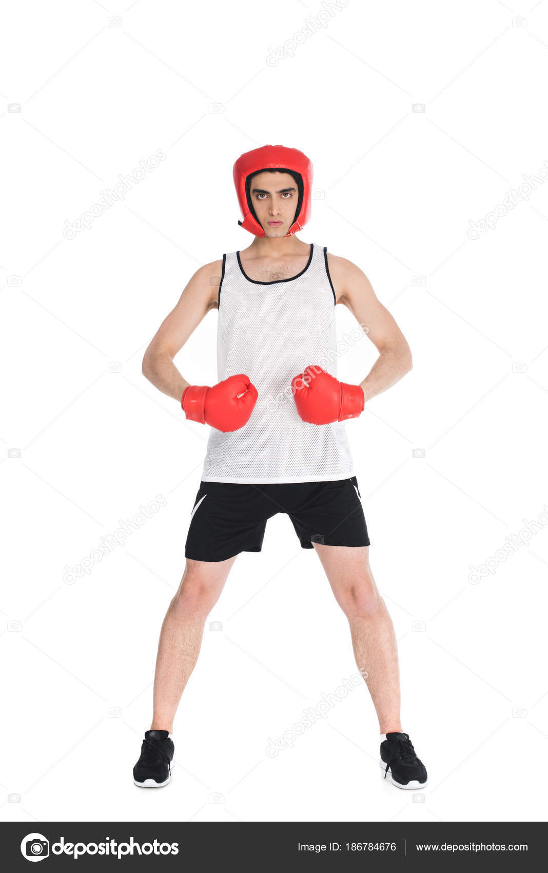 Skinny Sportsman Boxing Gloves Helmet Isolated White — Free Stock Photo