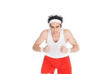 Kızgın ince sporcu üzerinde beyaz izole portresi