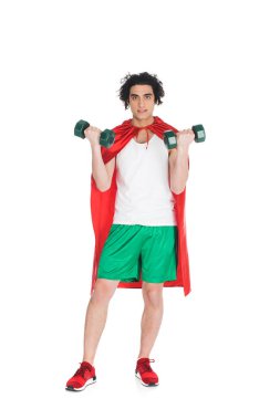 Thin sportsman with dumbbells in hands and wearing red cape isolated on white clipart