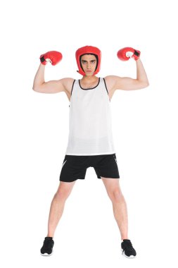 Thin boxer in helmet and gloves showing muscles isolated on white clipart