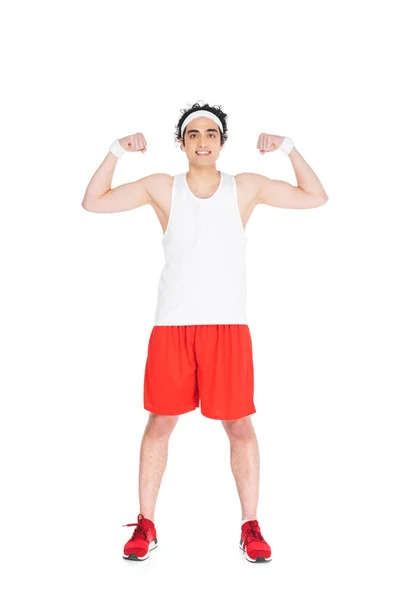 Jovem Homem Magro Sportswear Mostrando Músculos Isolados Branco — Fotografia de Stock