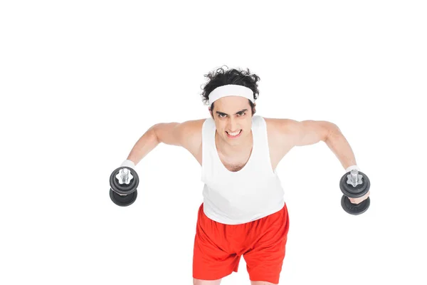 Portrait Young Thin Man Sportswear Exercising Dumbbells Isolated White — Stock Photo, Image