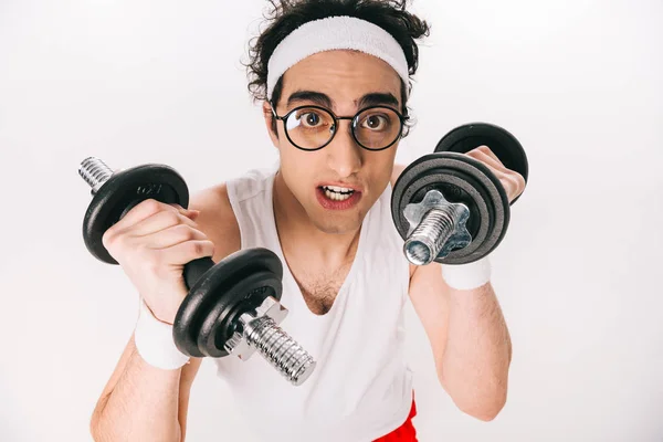 Portrait Young Thin Sportsman Eyeglasses Holding Dumbbells Isolated White — Stock Photo, Image