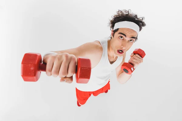 High Angle View Young Thin Sportsman Fist Dumbbell Isolated White — Free Stock Photo