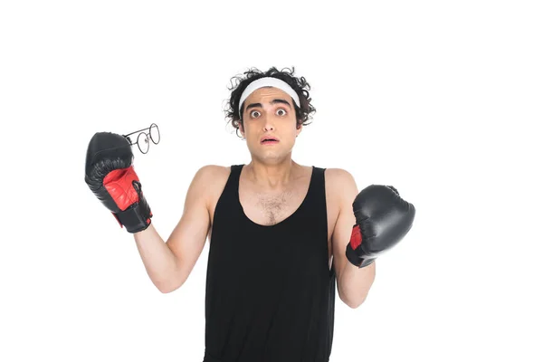 Shocked Thin Young Boxer Taking Eyeglasses Isolated White — Stock Photo, Image