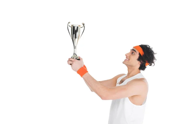 Side View Happy Thin Sportsman Holding Trophy Isolated White — Stock Photo, Image