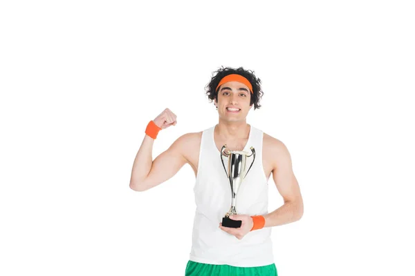 Smiling Thin Sportsman Holding Silver Trophy Isolated White — Free Stock Photo
