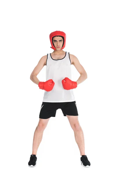 Skinny Sportsman Boxing Gloves Helmet Isolated White — Free Stock Photo