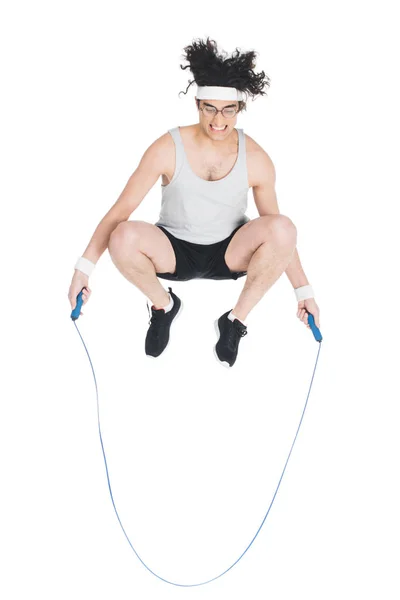 Skinny Sportsman Doing Jump Rope Workout Isolated White — Stock Photo, Image