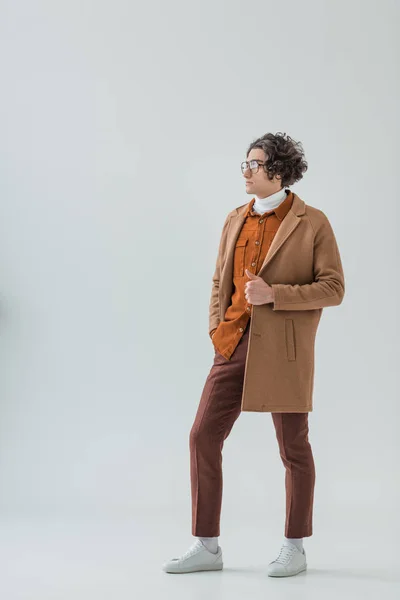 Male Fashion Model Eyeglasses Wearing Coat Isolated Grey — Stock Photo, Image