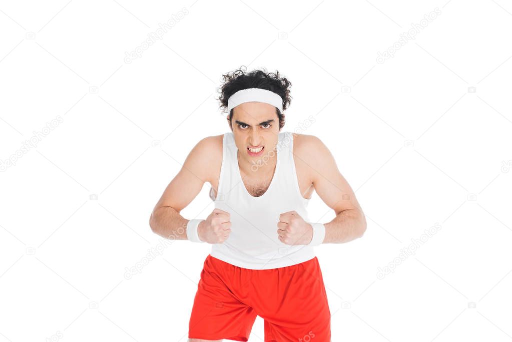 Portrait of angry thin sportsman isolated on white
