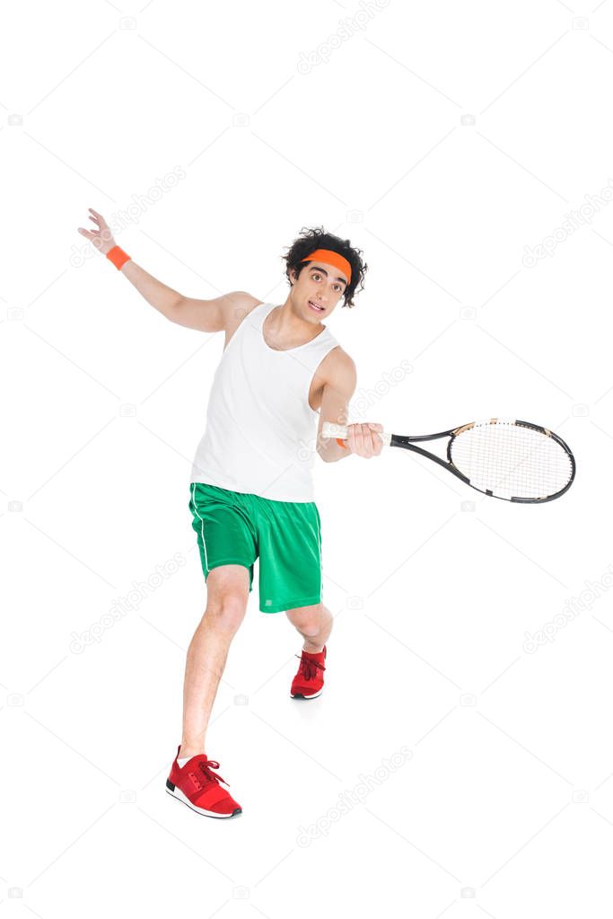 Thin tennis player exercising with racket isolated on white