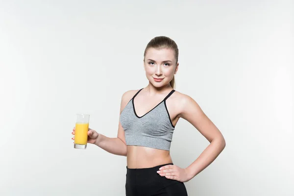 Fit Girl Holding Glass Juice Isolated White — Free Stock Photo