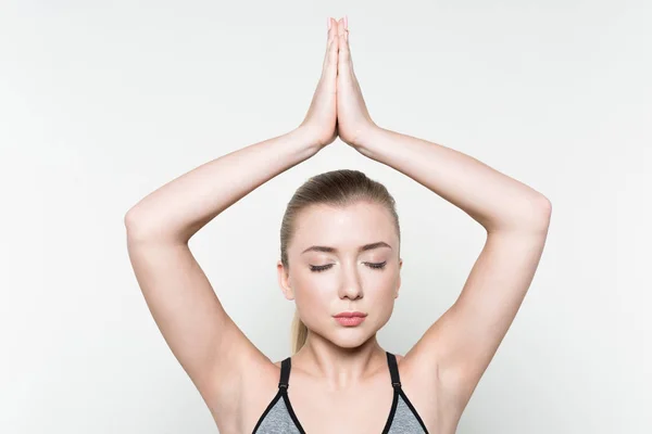 Mujer Relajada Durante Entrenamiento Yoga Aislada Blanco — Foto de Stock