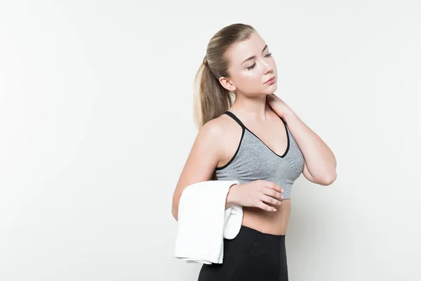 Cansado Mulher Fitness Segurando Toalha Isolada Branco — Fotografia de Stock