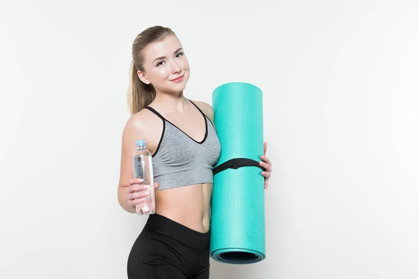 Fit Girl Holding Water Bottle Yoga Mat Isolated White — Stock Photo, Image