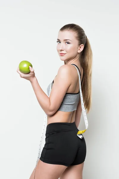 Fit Girl Holding Apple Measuring Tape Isolated White — Stock Photo, Image