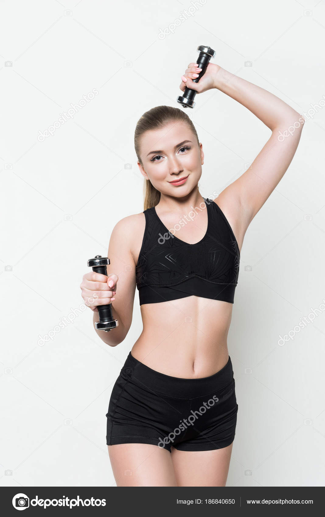 Top Sur Jeune Haltères Isolés Blanc Des Sport Femme Soulevant exCoWrBd