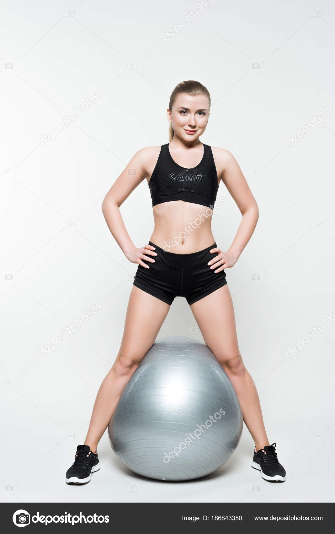 Young Girl Sports Clothes Exercise Ball Isolated White Stock Photo