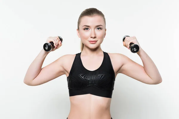 Young Woman Sports Clothes Lifting Dumbbells Isolated White — Stock Photo, Image