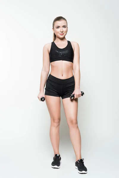 Woman Sports Clothes Dumbbells Isolated White — Stock Photo, Image