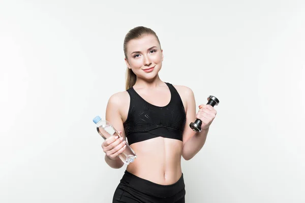 Blonde Woman Sport Clothes Holding Water Bottle Dumbbell Isolated White — Stock Photo, Image