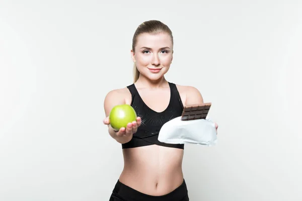 Tartó Apple Elszigetelt Fehér Csokit Fitness Női — Stock Fotó