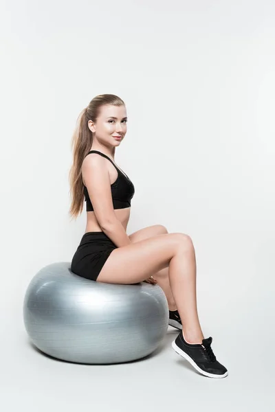 Sportive Girl Training Exercise Ball Isolated White — Stock Photo, Image