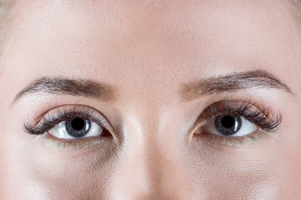 Крупный план серых женских глаз с длинными ресницами
