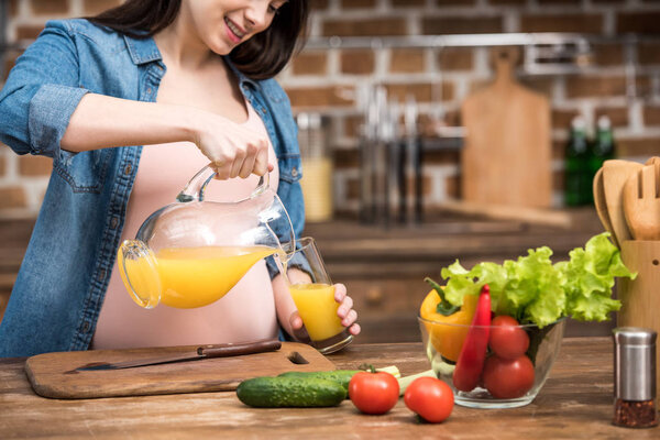 cropped shot of smiling pregnant woman pouring orange juice into glass at kitchen