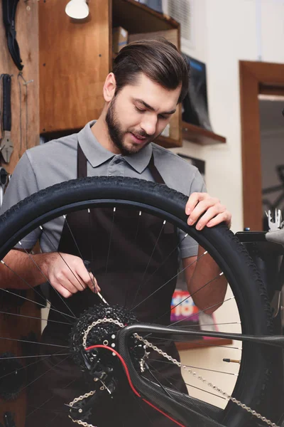 Joven Trabajador Delantal Sosteniendo Rueda Bicicleta Cadena Fijación Taller — Foto de stock gratis