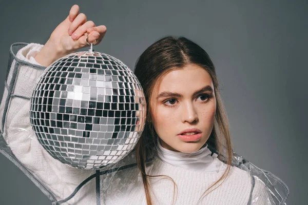 Portrait Young Fashionable Woman Disco Ball Hands Isolated Grey — Stock Photo, Image