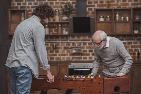Adult Son Senior Father Playing Table Football Home — Stock Photo, Image