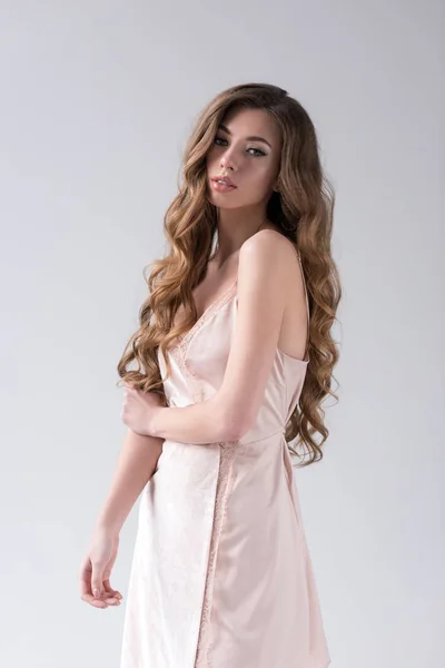 Tender Girl Long Curly Hair Posing Fashion Shoot Isolated Grey — Stock Photo, Image