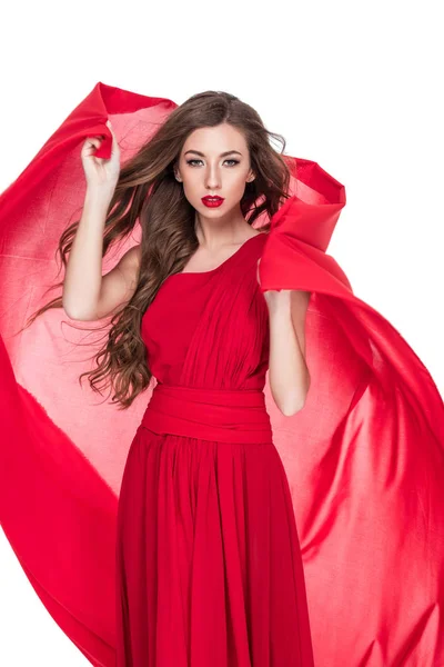 Hermosa Mujer Posando Con Velo Gasa Rojo Aislado Blanco — Foto de Stock