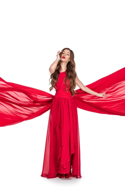 Mulher Sensual Posando Vestido Vermelho Glamouroso Isolado Branco — Fotografia de Stock