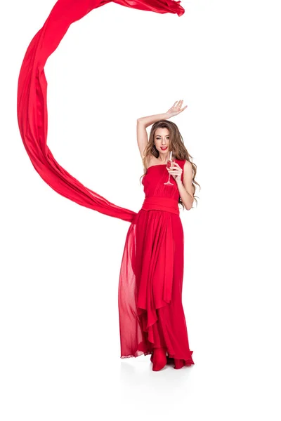Glamorous Girl Red Chiffon Veil Holding Champagne Glass Isolated White — Stock Photo, Image
