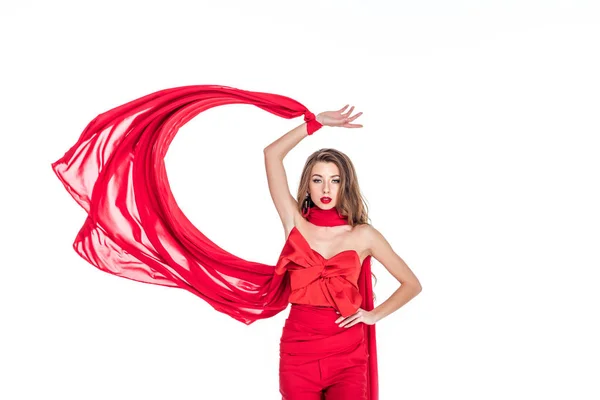 Ελκυστικό Μοντέλο Ποζάρει Στα Κόκκινα Ρούχα Απομονώνονται Λευκό — Φωτογραφία Αρχείου