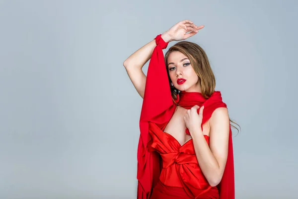 Beautiful Woman Posing Red Clothes Isolated Grey — Stock Photo, Image