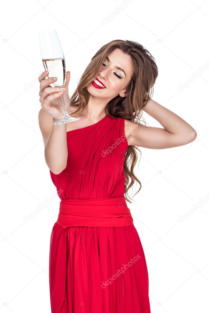 happy glamorous girl with glass of champagne, isolated on white
