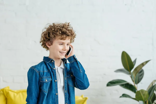 Little Child Boy Curly Hair Talking Phone — Stock Photo, Image